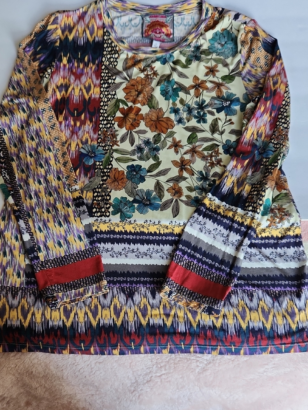Johnny Was Multicolor Mixed Floral & Ikat Long Sleeve Top